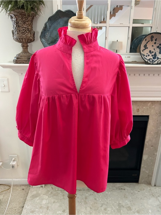 Jade Tops - Jade Hot Pink Ruffle Stand Collar Popover Blouse